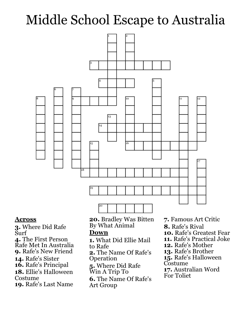 Middle School Escape to Australia Crossword