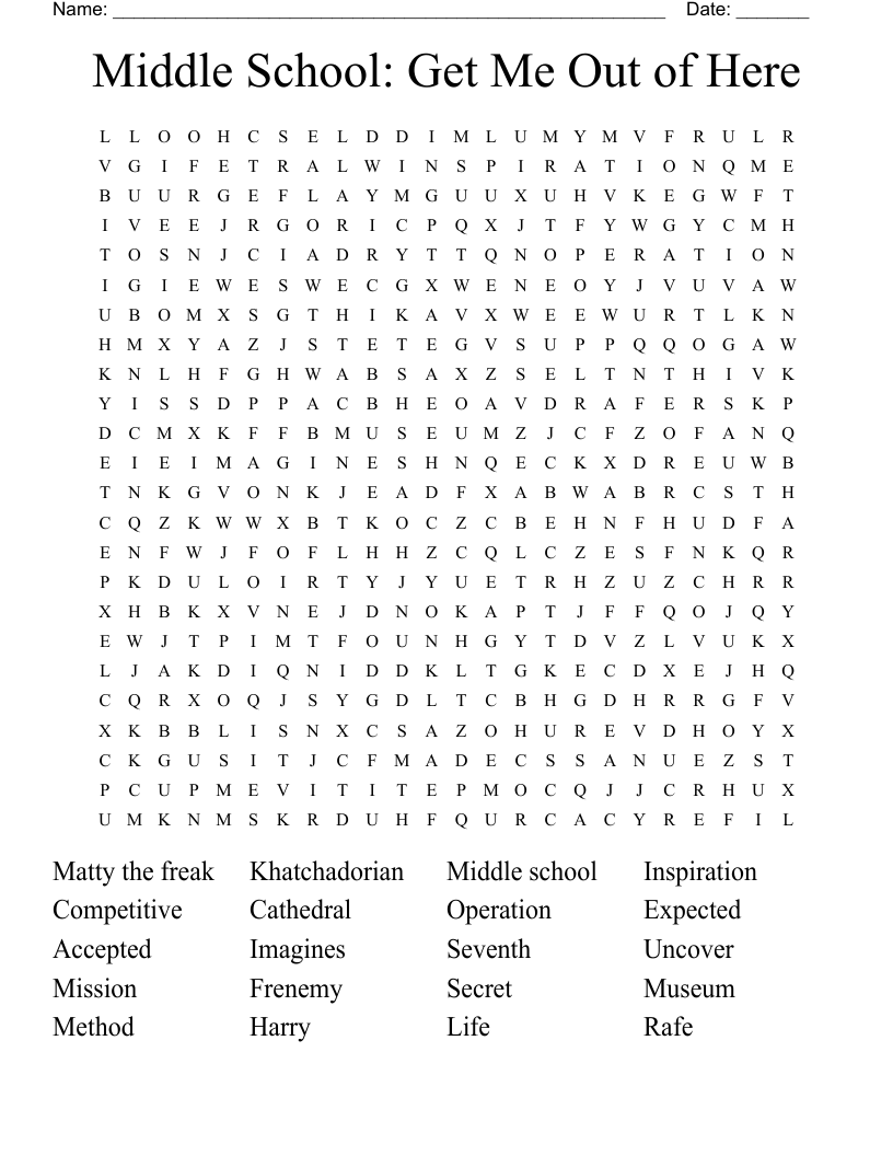 Middle School: Get Me Out of Here Word Search
