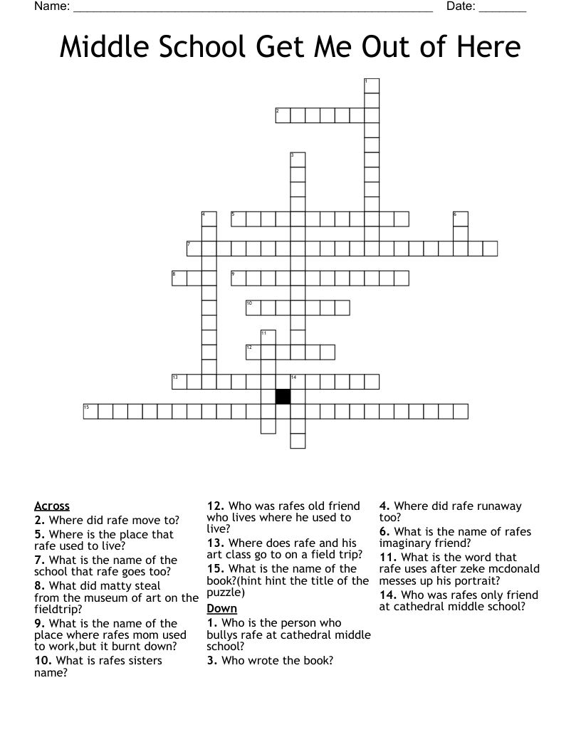 Middle School Get Me Out of Here Crossword