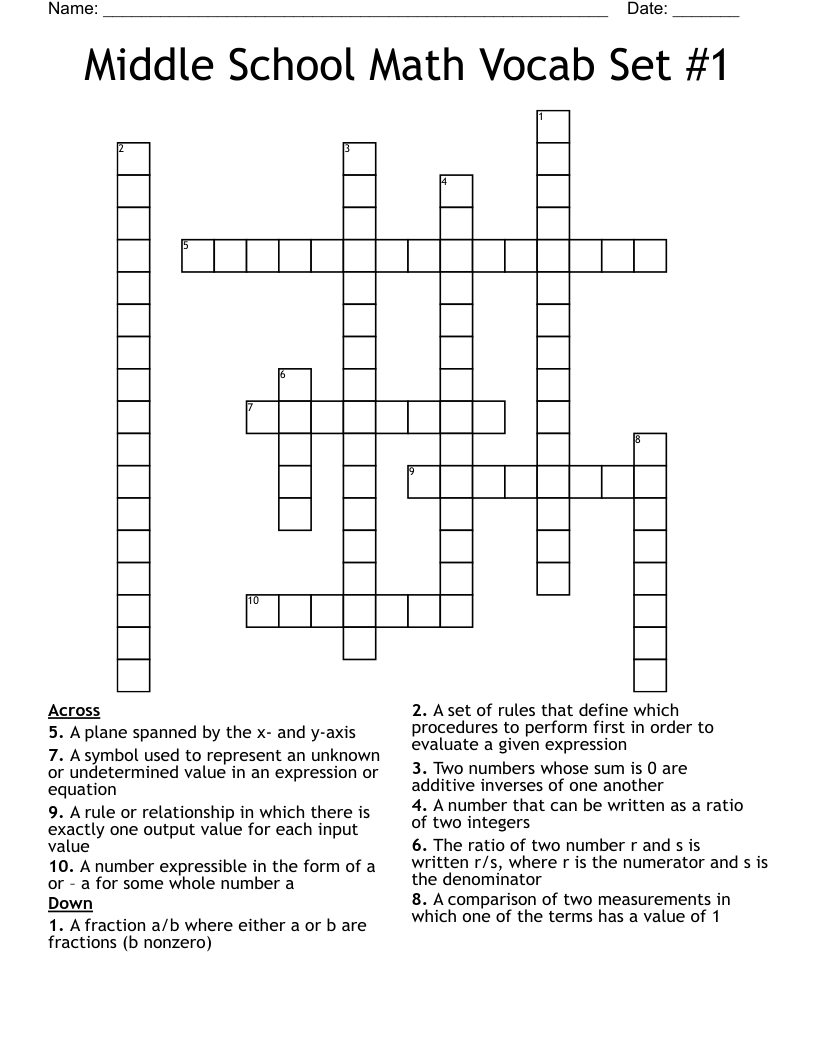 Middle School Math Vocab Set #1 Crossword