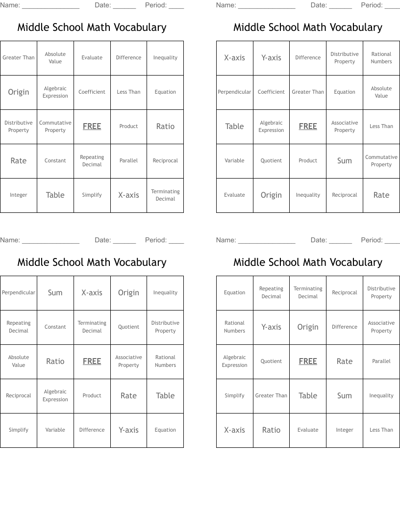 Middle School Math Vocabulary Bingo Cards
