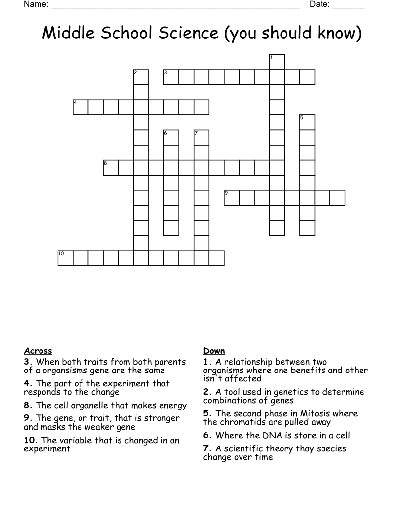 Middle School Science (you should know) Crossword