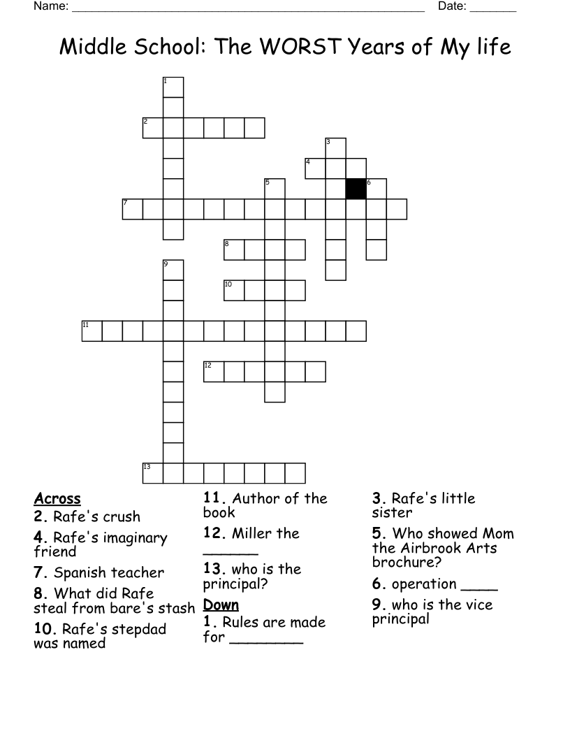 Middle School: The WORST Years of My life Crossword