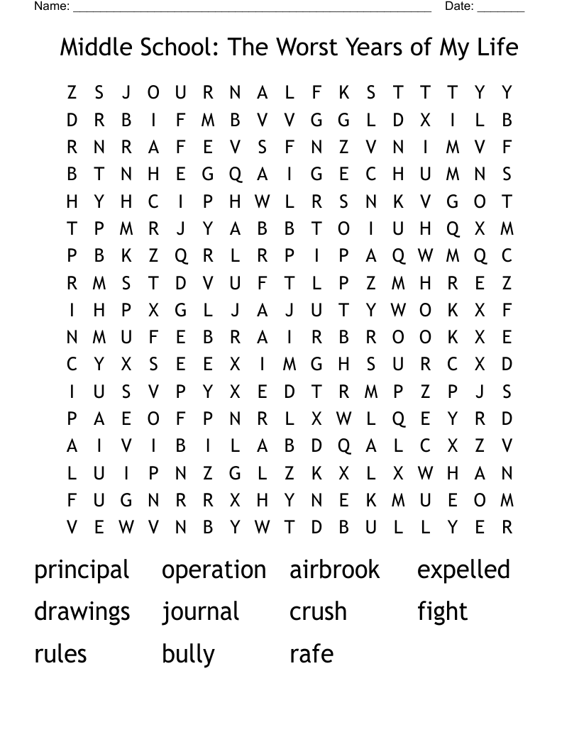 Middle School: The Worst Years of My Life Word Search
