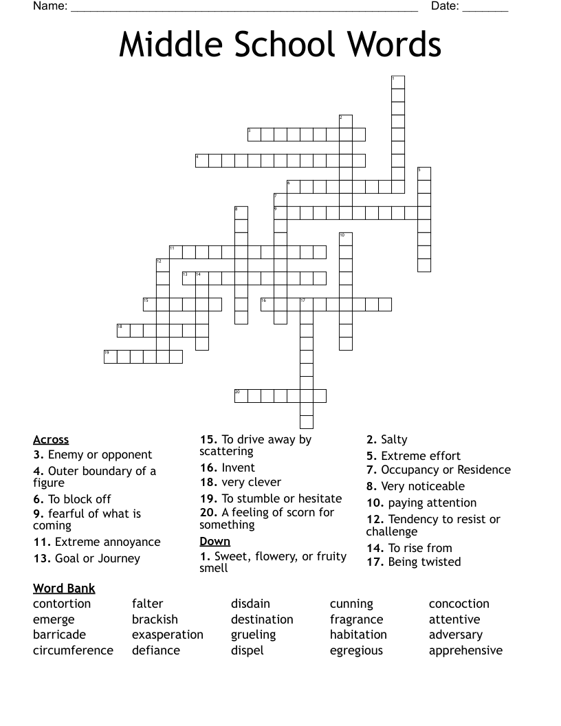 Middle School Words Crossword