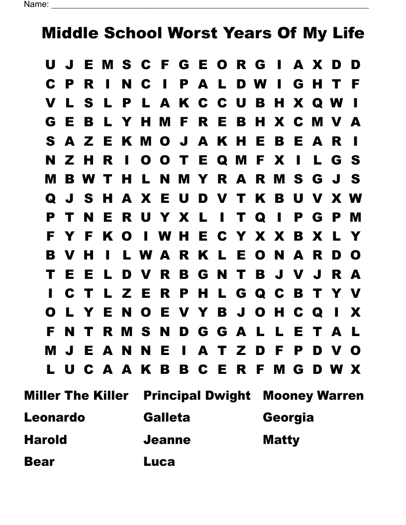 Middle School Worst Years Of My Life Word Search