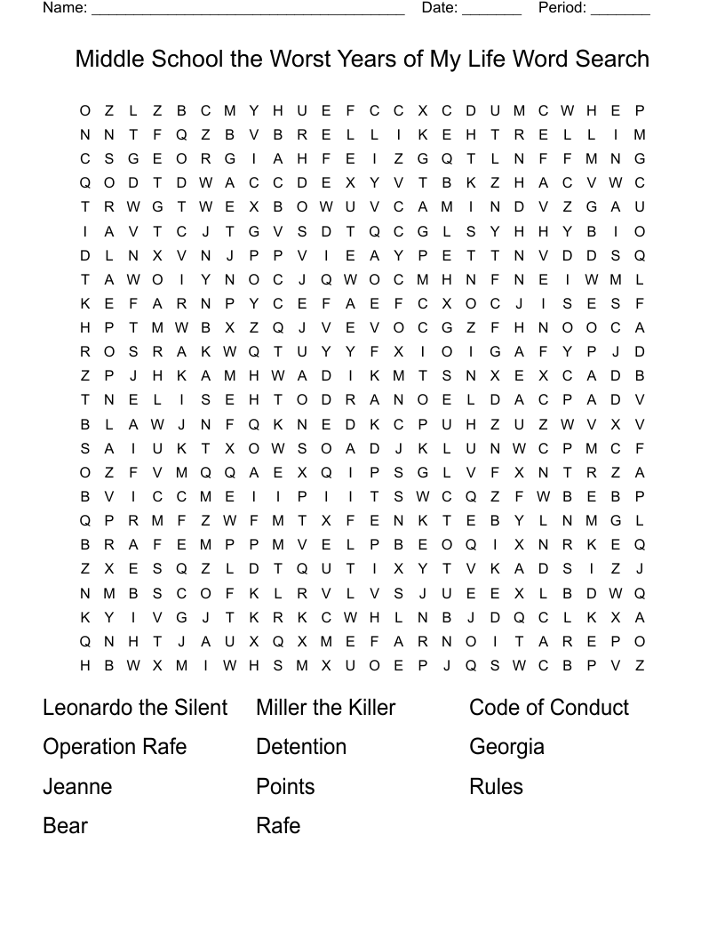 Middle School the Worst Years of My Life Word Search
