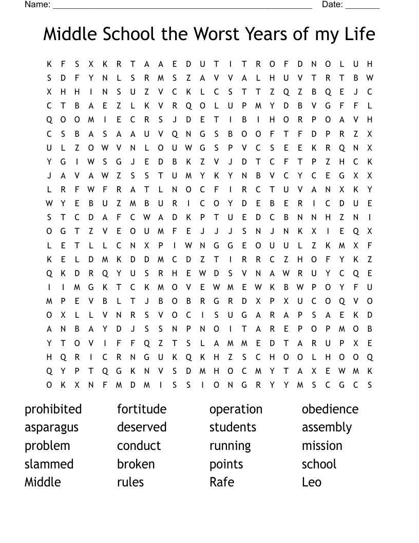Middle School the Worst Years of my Life Word Search