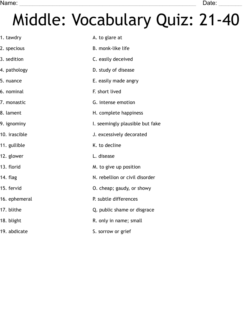 Middle: Vocabulary Quiz: 21-40 Worksheet