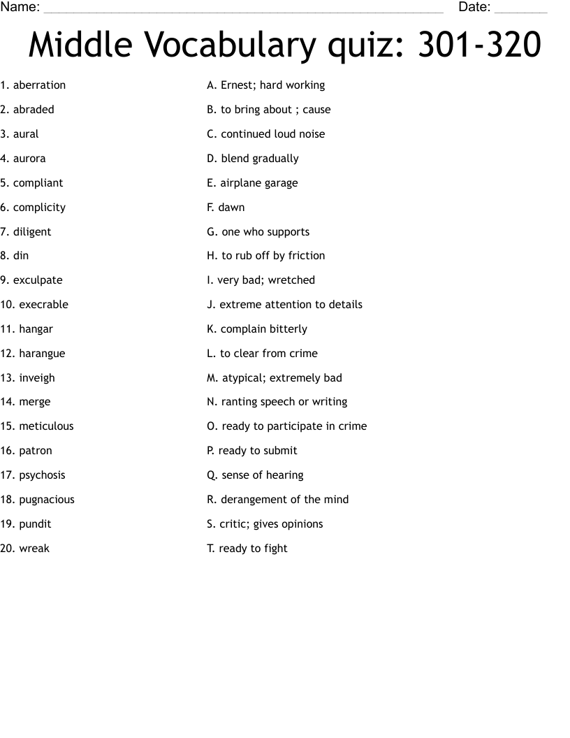 Middle Vocabulary quiz: 301-320 Worksheet