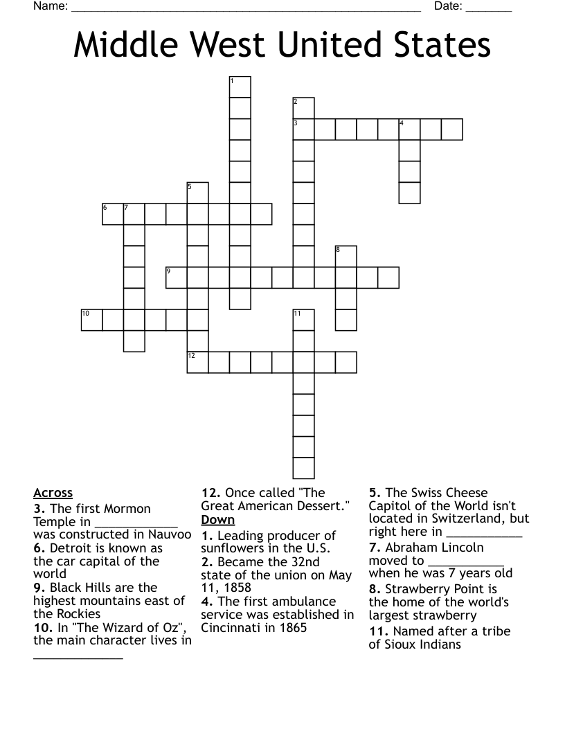 Middle West United States Crossword