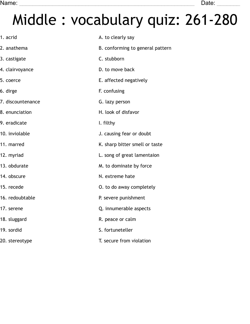 Middle : vocabulary quiz: 261-280 Worksheet