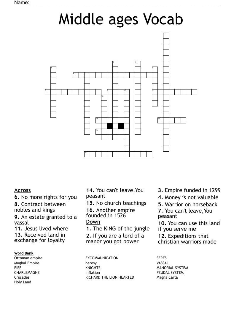 Middle ages Vocab Crossword