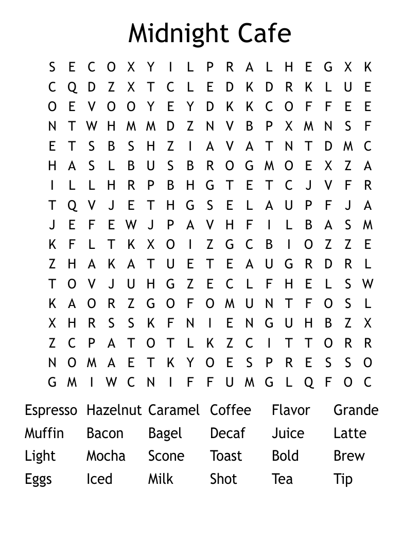 Midnight Cafe Word Search