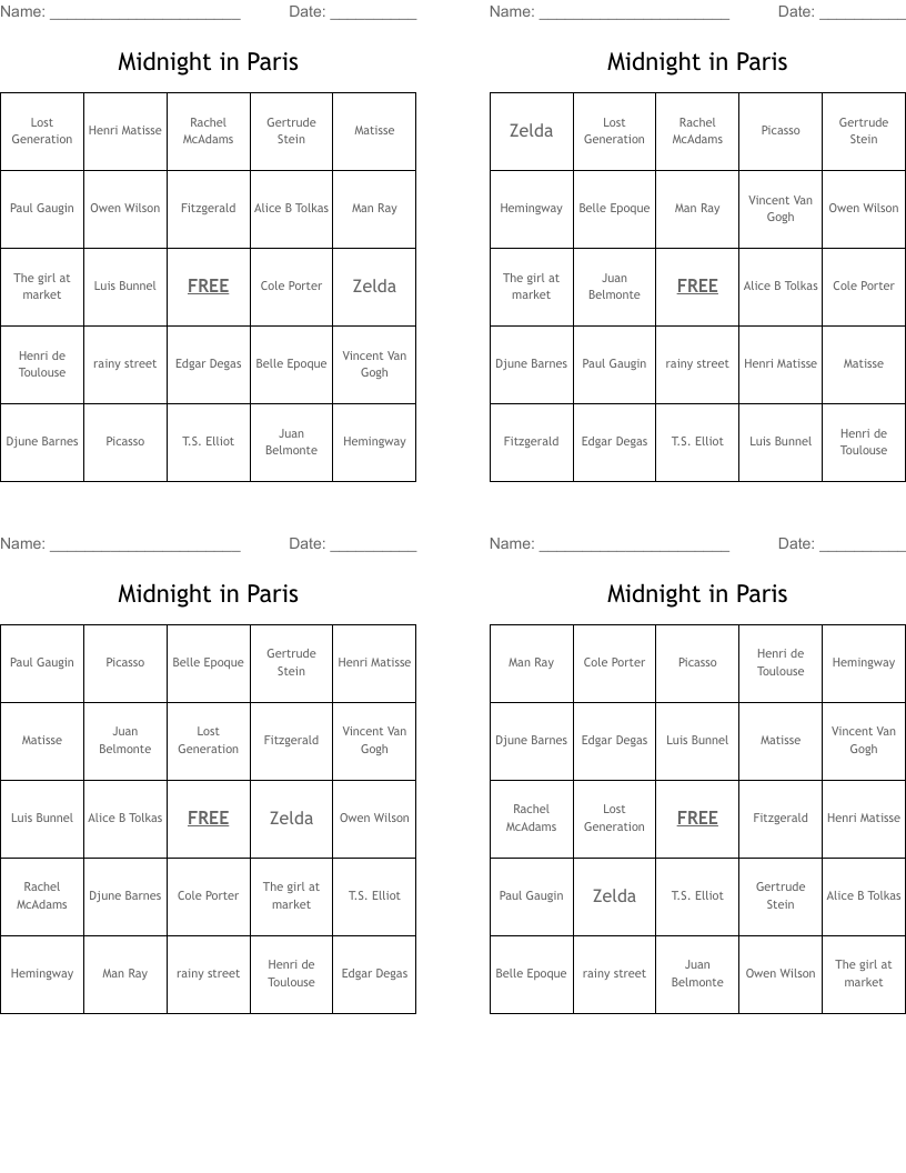 Midnight in Paris  Bingo Cards