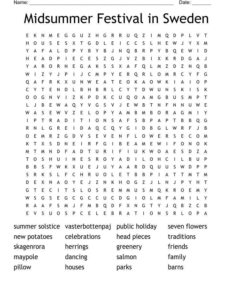Midsummer Festival in Sweden Word Search
