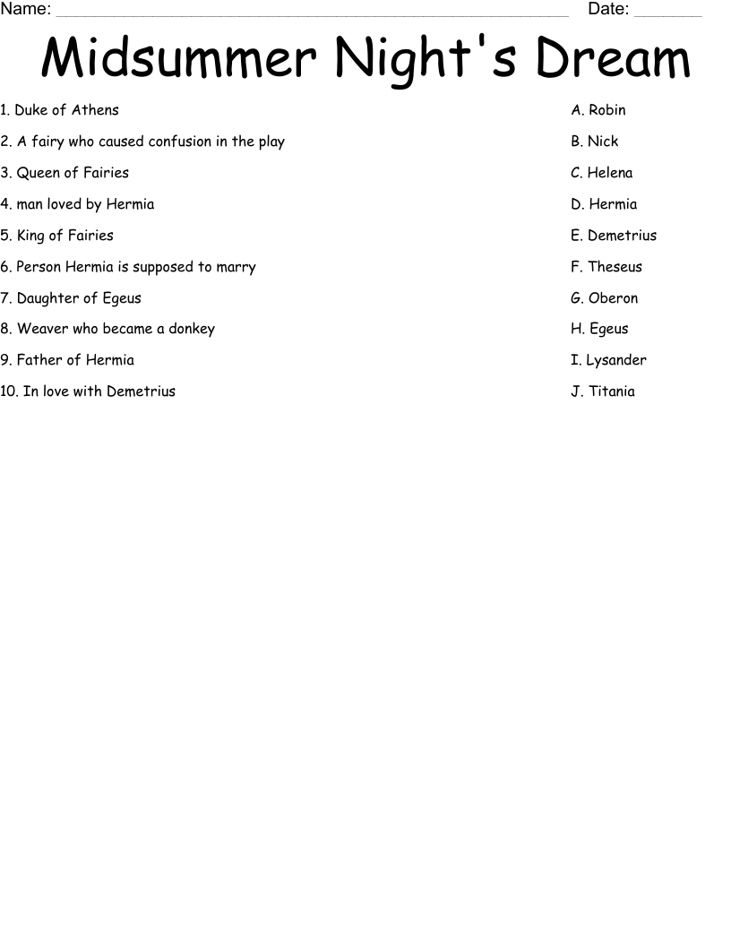 Midsummer Night's Dream Worksheet
