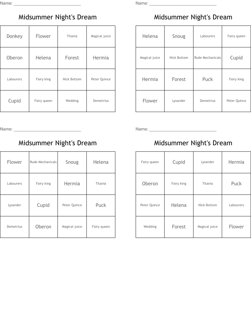Midsummer Night's Dream Bingo Cards