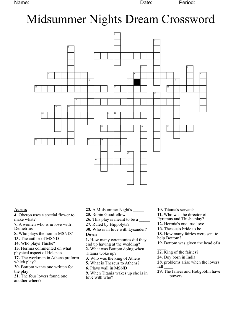 Midsummer Nights Dream Crossword 