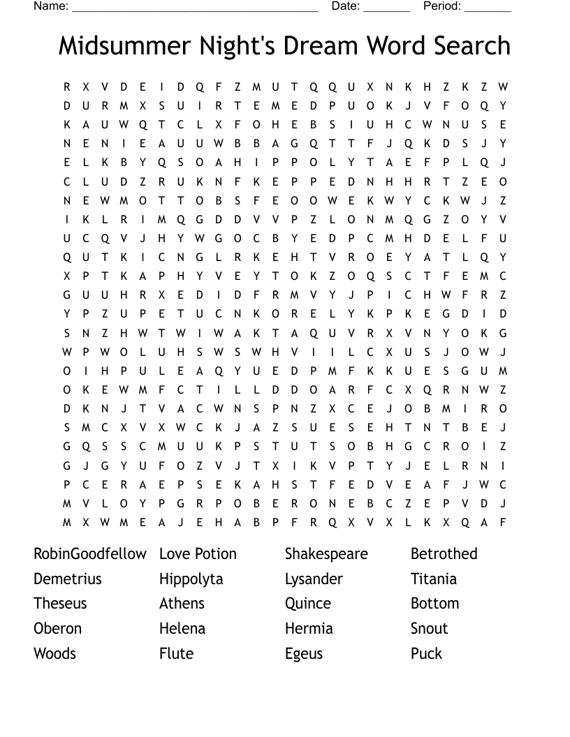 Midsummer Night's Dream Word Search
