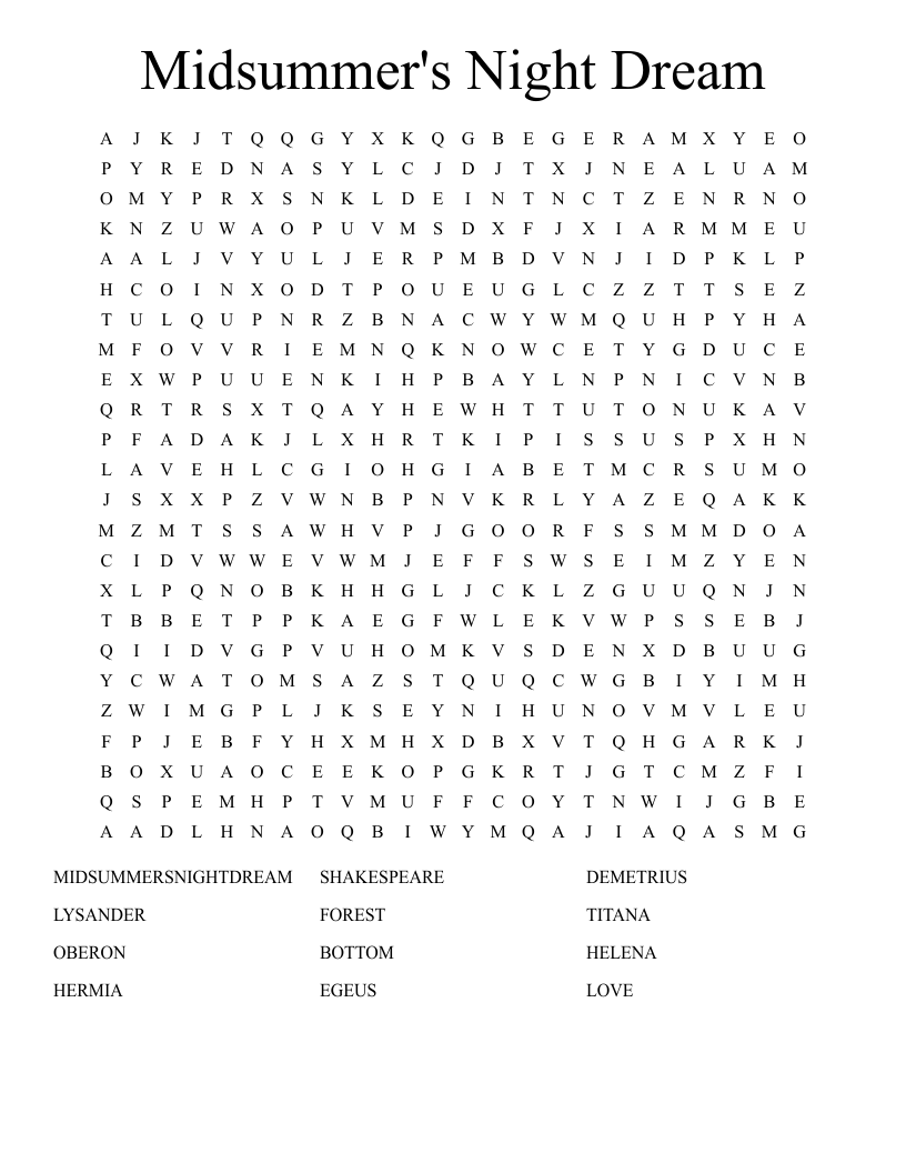 Midsummer's Night Dream Word Search