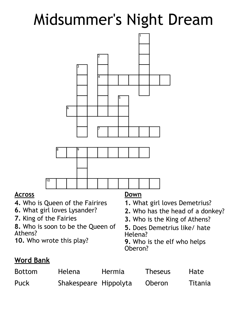 Midsummer's Night Dream Crossword