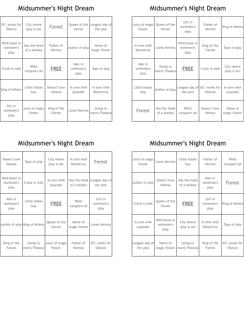 Midsummer's Night Dream Bingo Cards