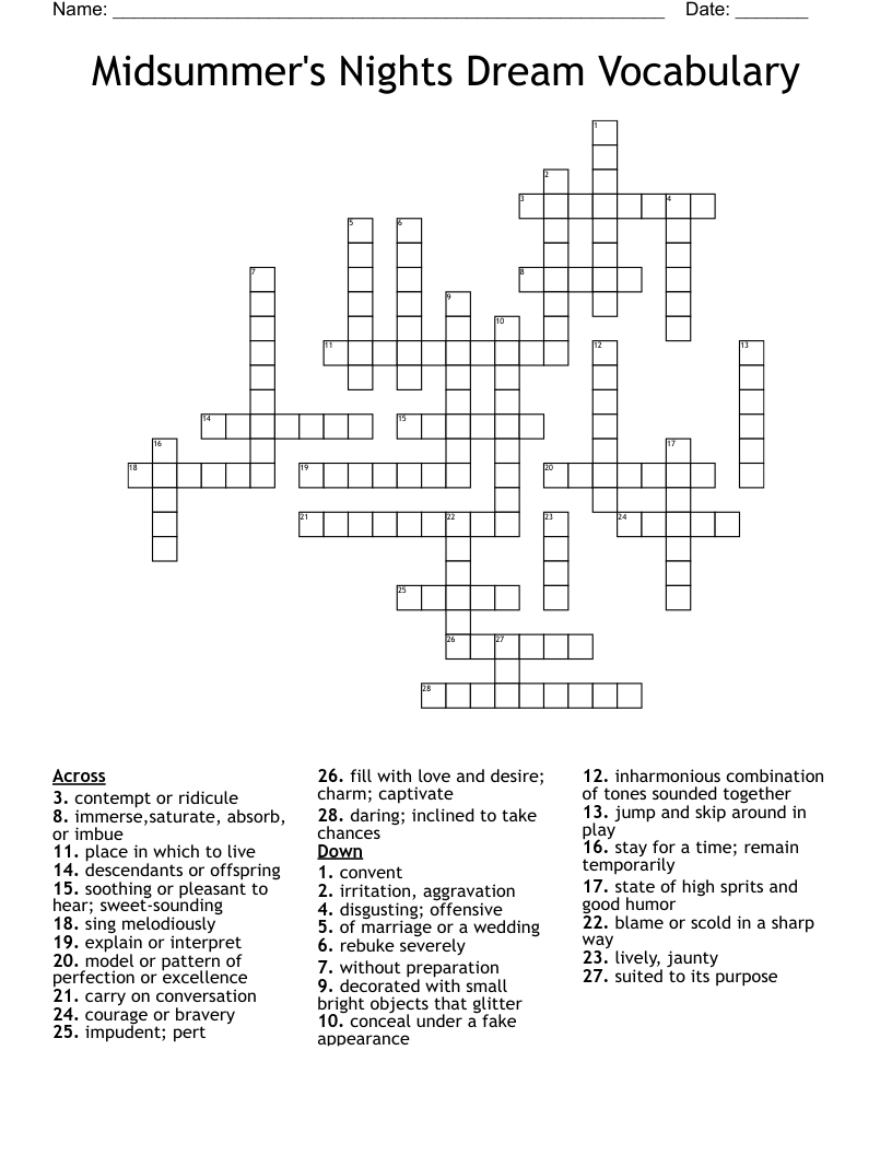 Midsummer's Nights Dream Vocabulary Crossword