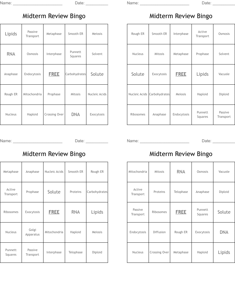 Midterm Review Bingo