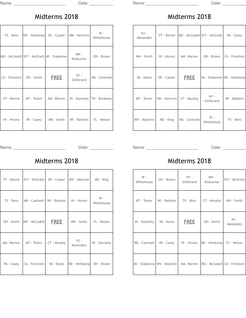 Midterms 2018 Bingo Cards