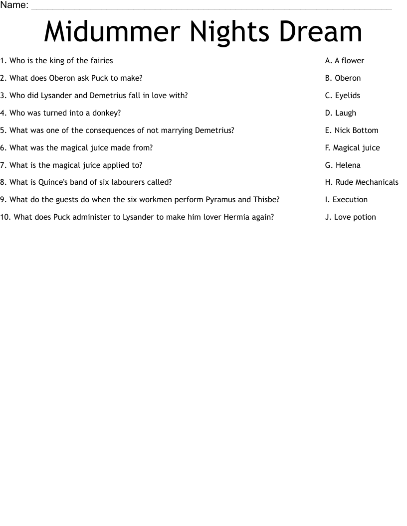 Midummer Nights Dream Worksheet