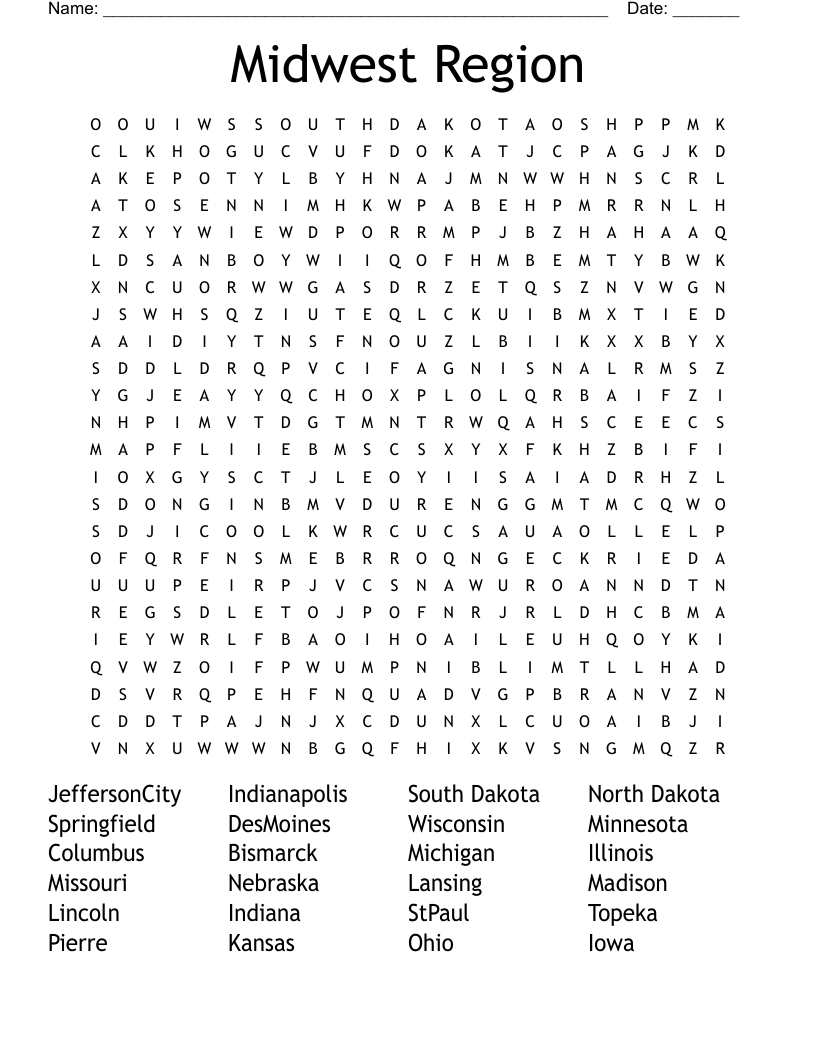 Midwest Region Word Search