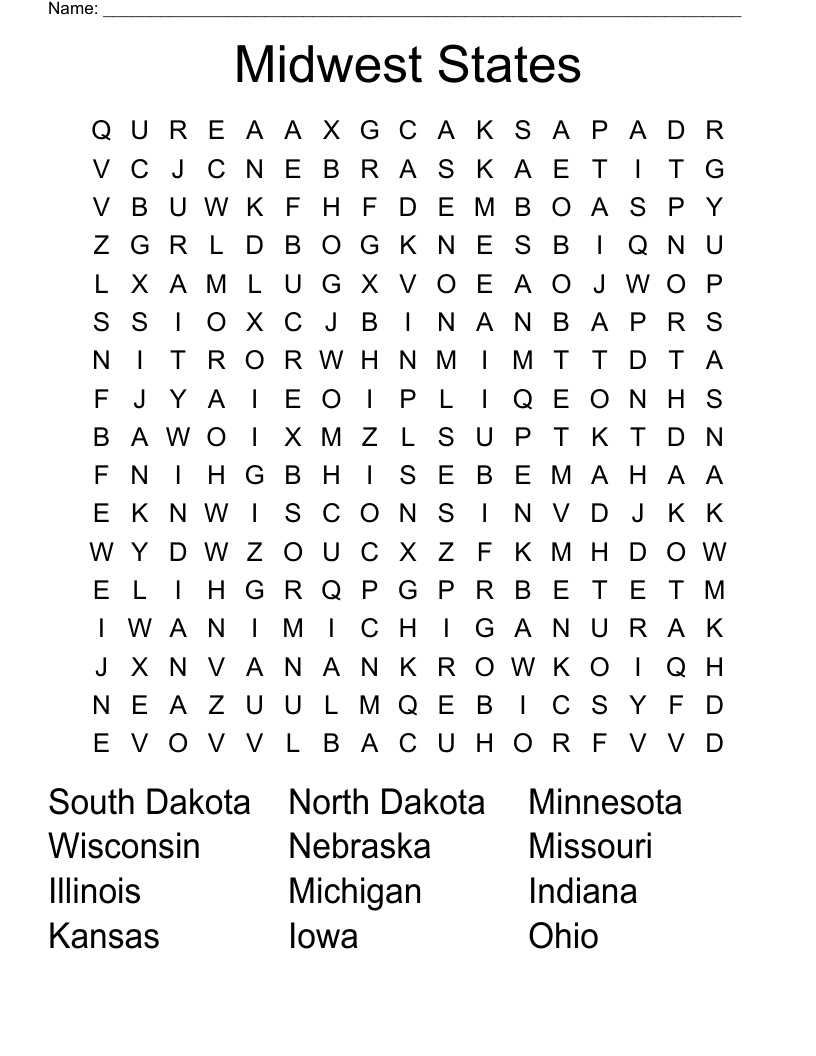 Midwest States Word Search