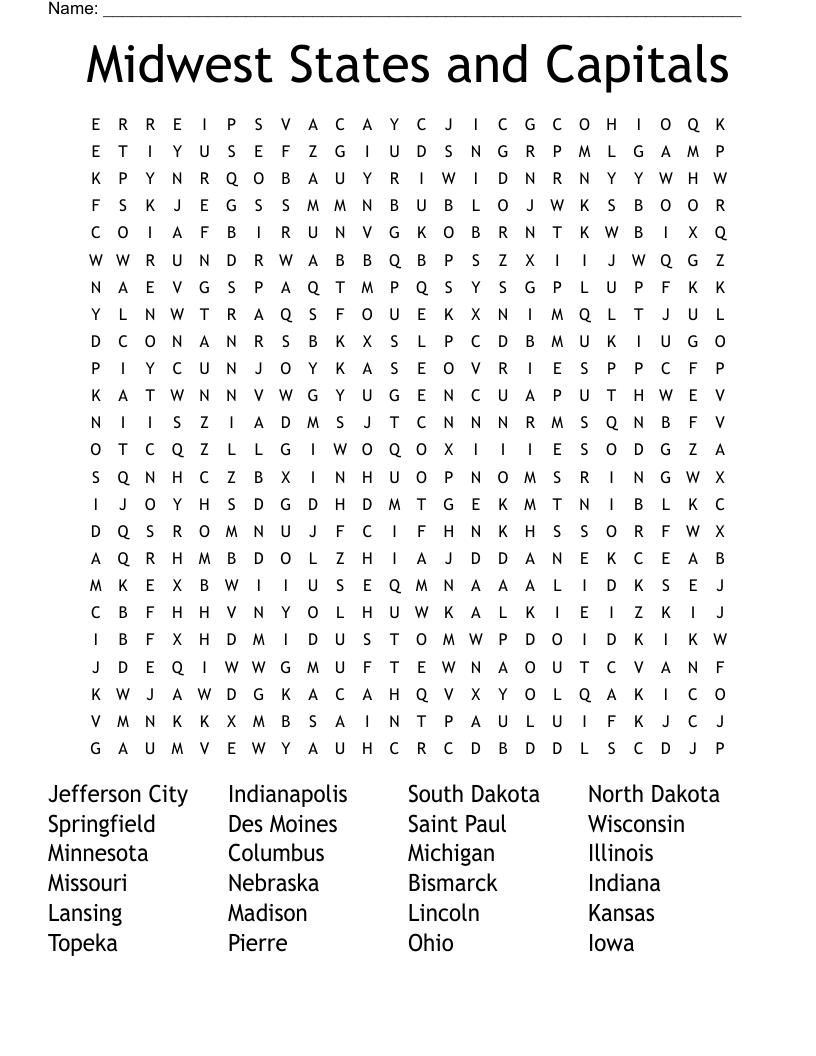 Midwest States and Capitals Word Search