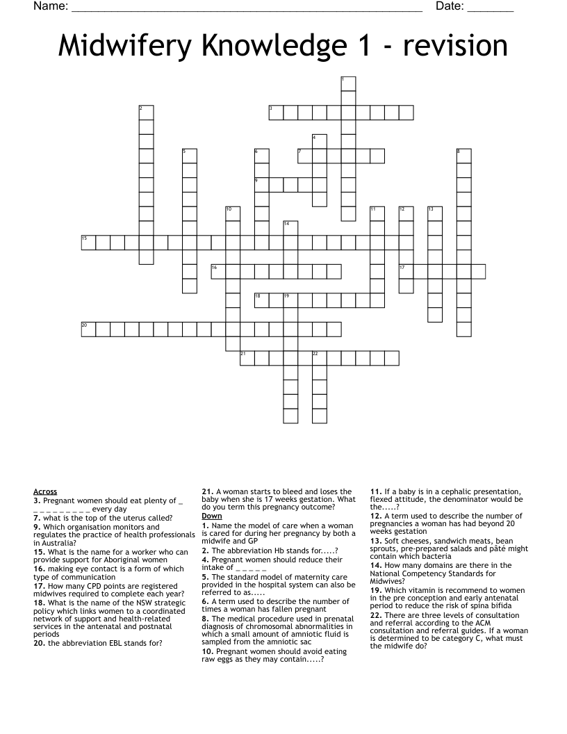 Midwifery Knowledge 1 - revision Crossword