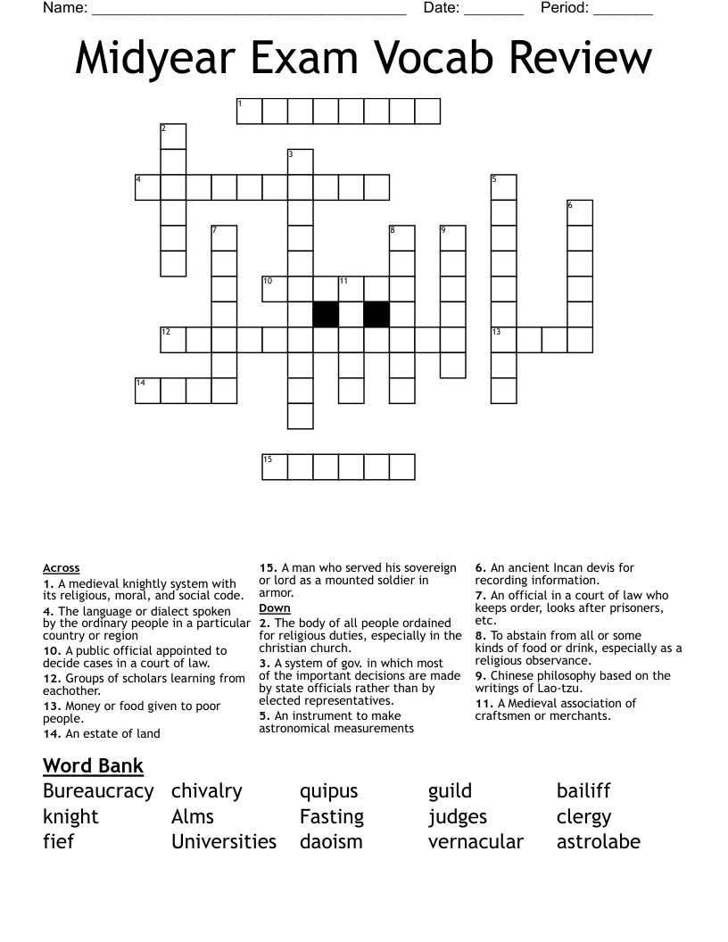 Midyear Exam Vocab Review Crossword