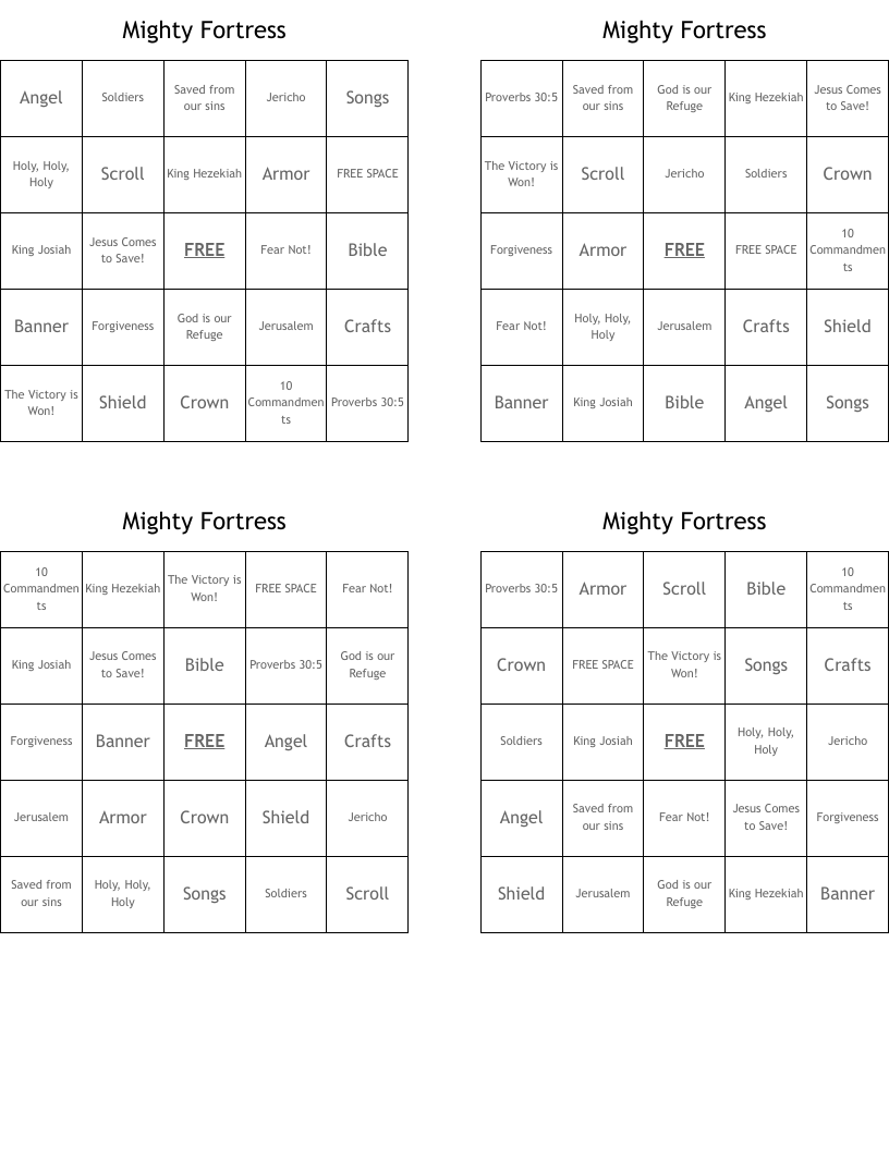 Mighty Fortress Bingo Cards