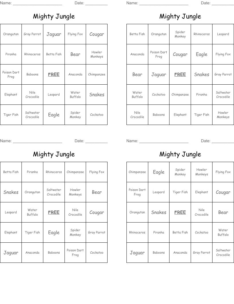 Mighty Jungle Bingo Cards