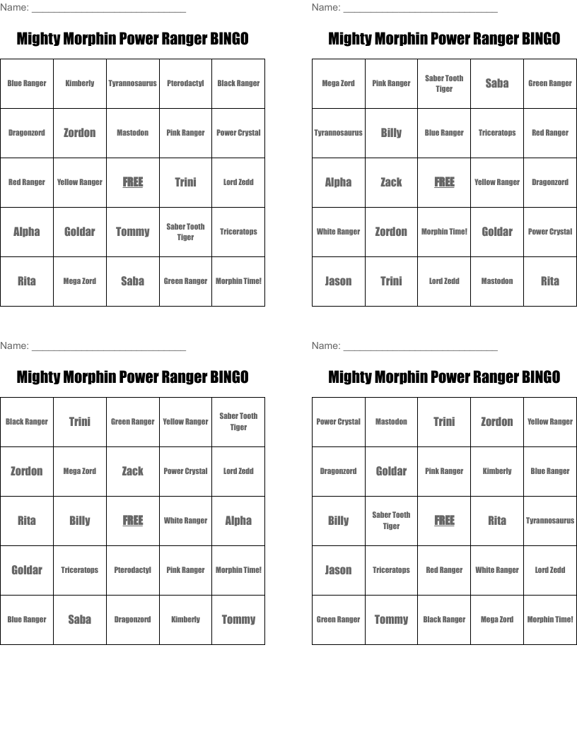 Mighty Morphin Power Ranger BINGO
