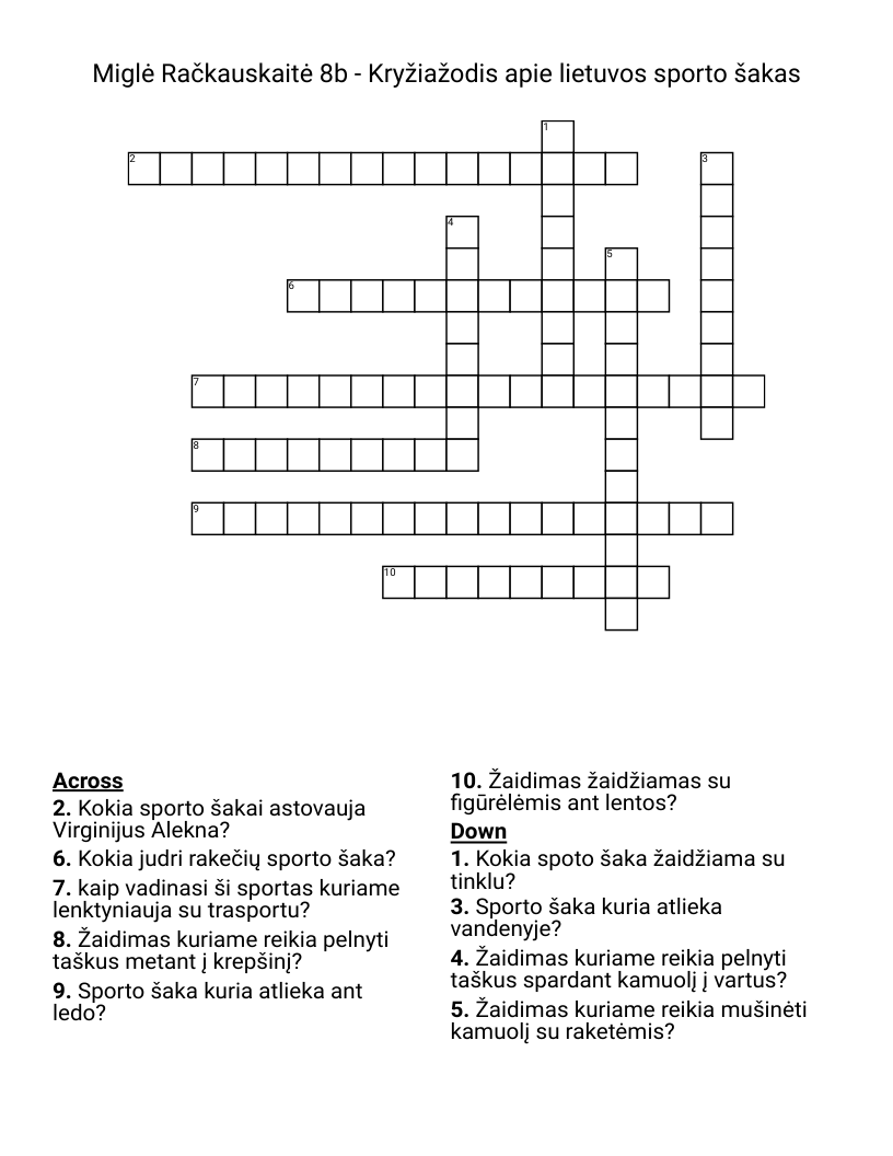 Miglė Račkauskaitė 8b - Kryžiažodis apie lietuvos sporto šakas Crossword