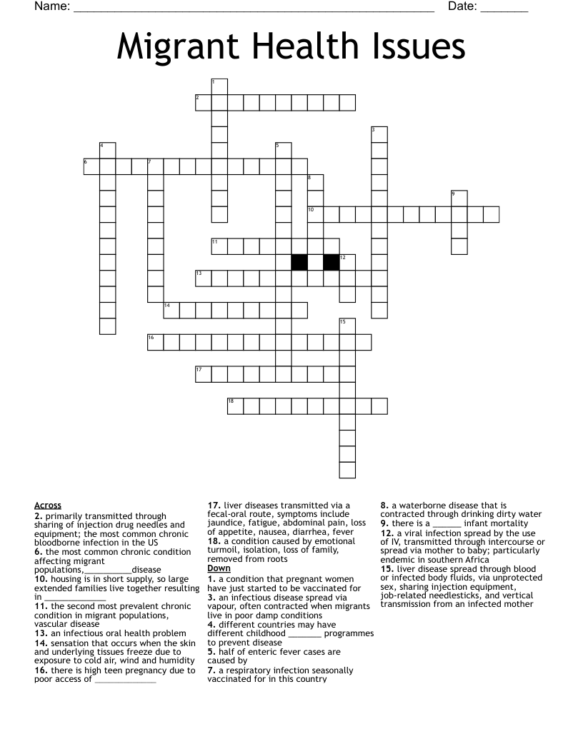Migrant Health Issues  Crossword