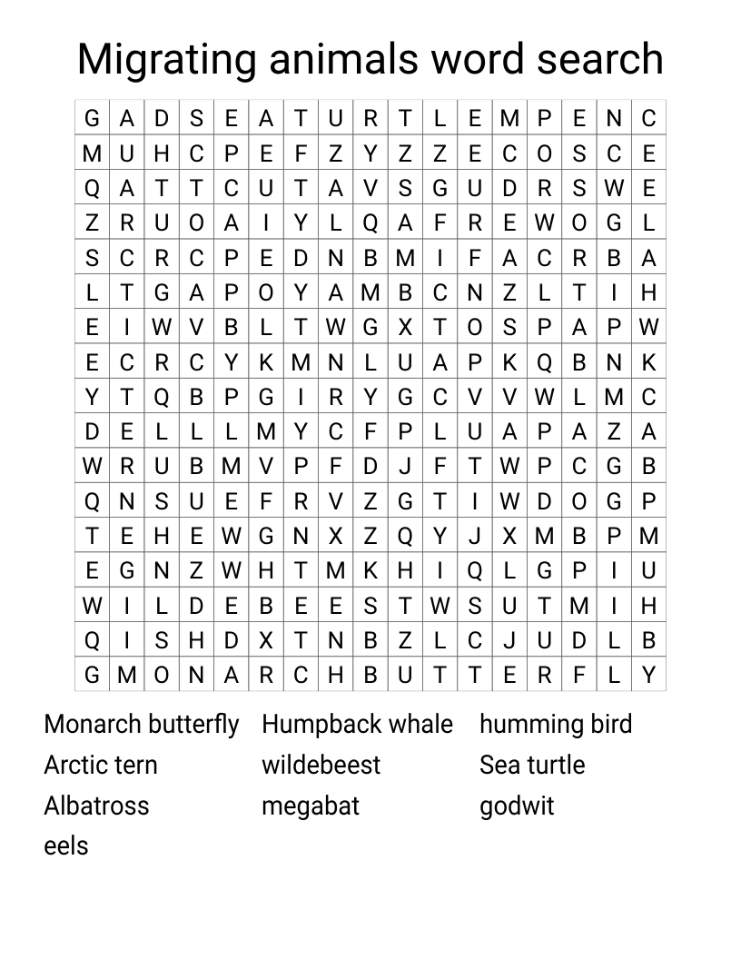 Migrating animals word search