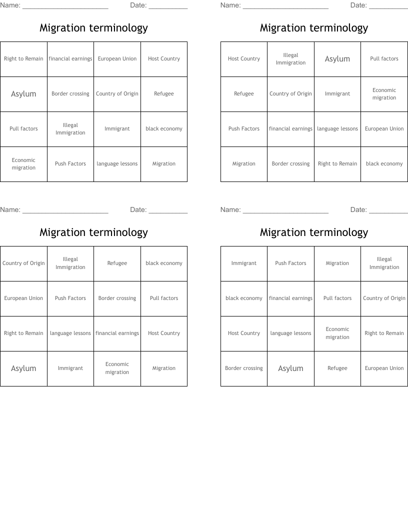 Migration terminology  Bingo Cards