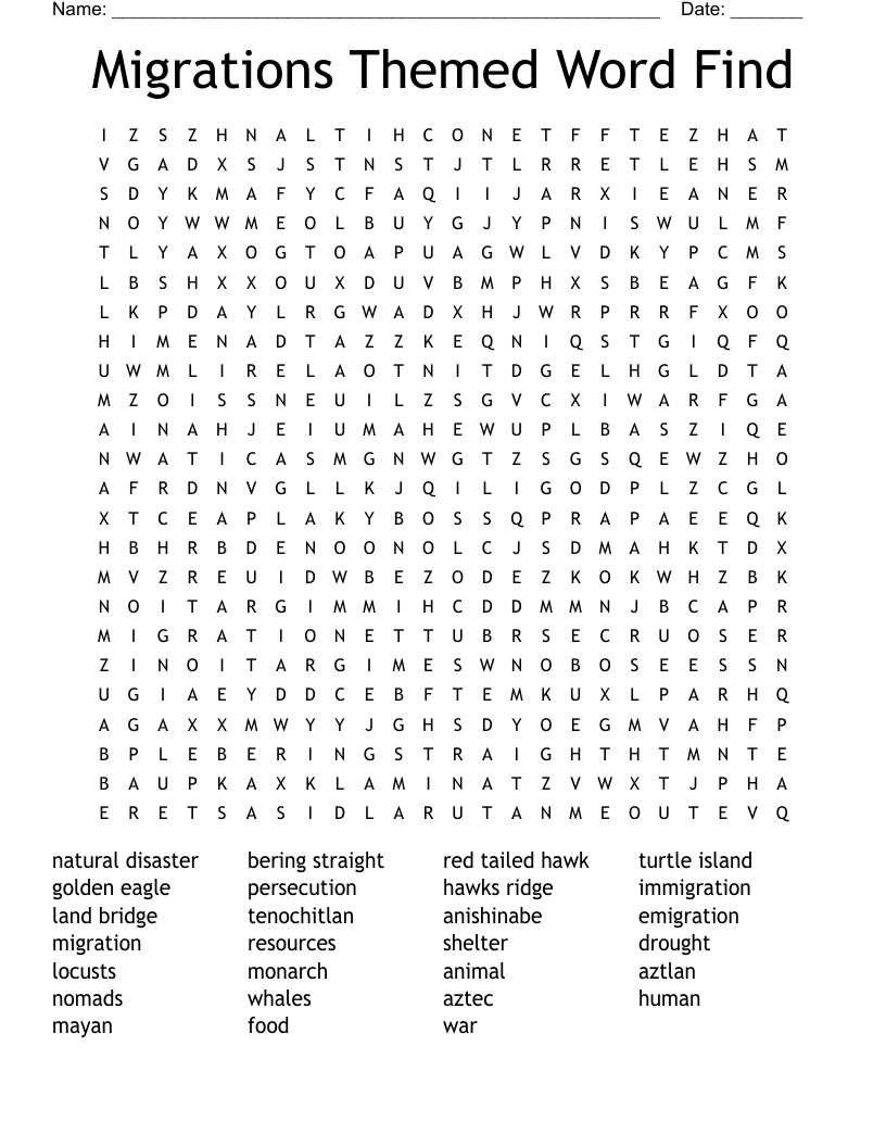 Migrations Themed Word Find Word Search