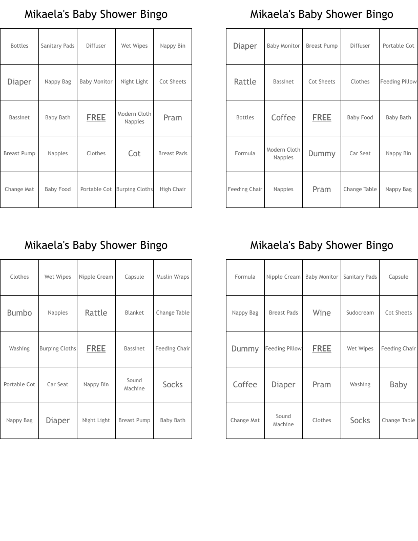 Mikaela's Baby Shower Bingo