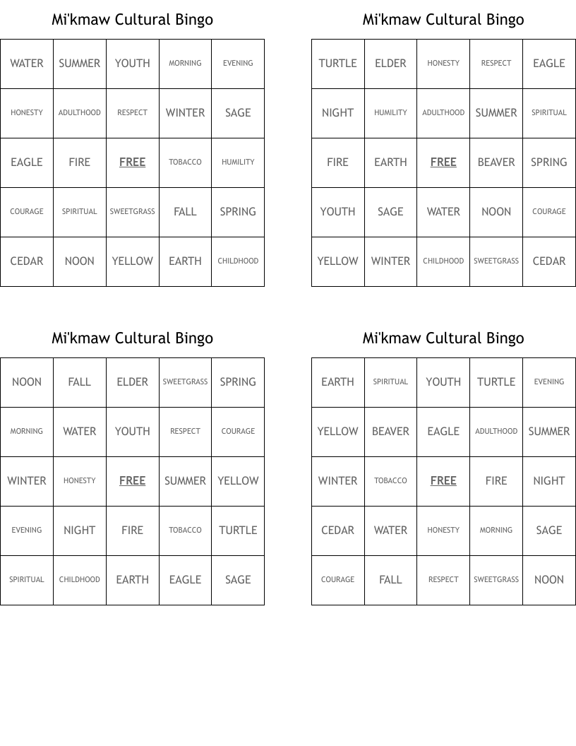 Mi'kmaw Cultural Bingo 