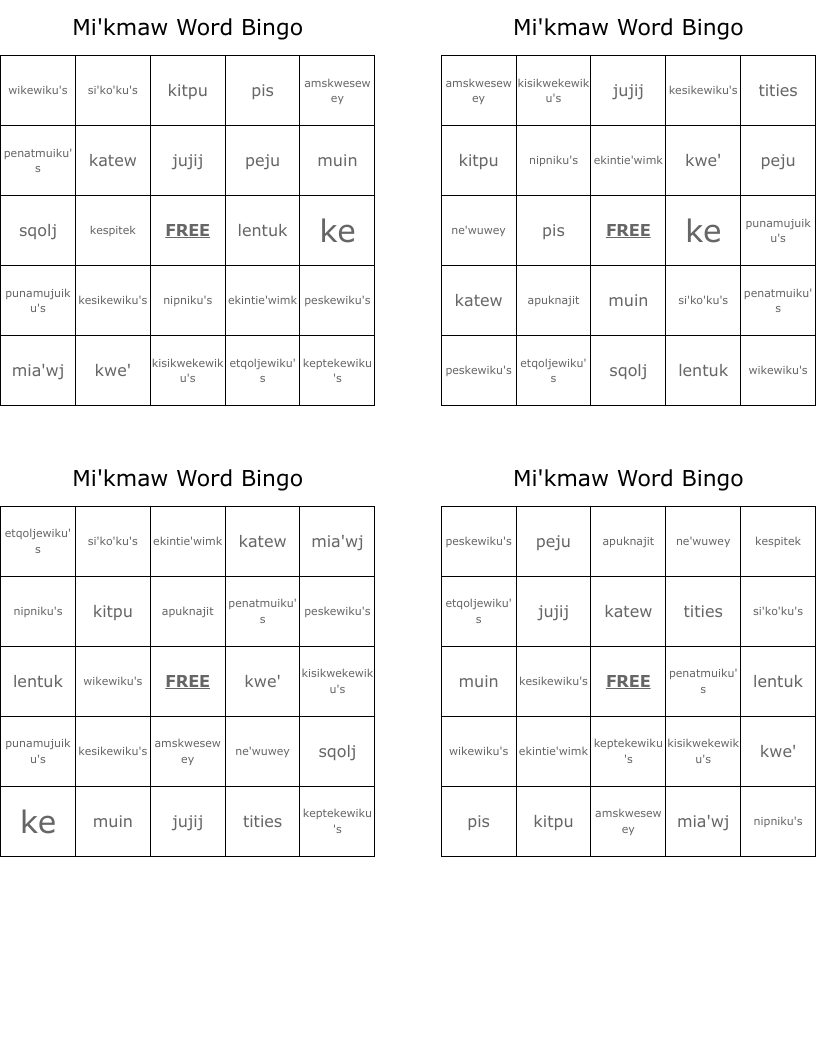 Mi'kmaw Word Bingo