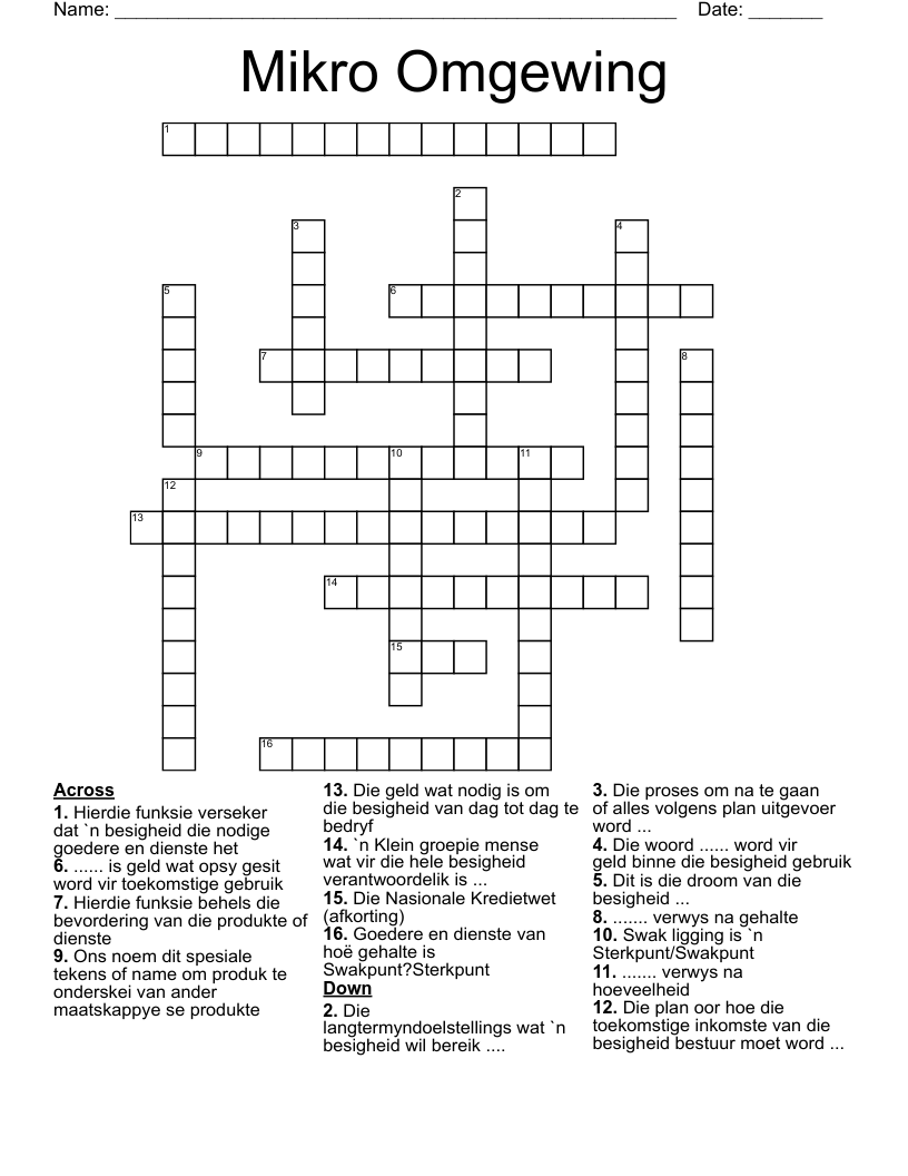 Mikro Omgewing Crossword