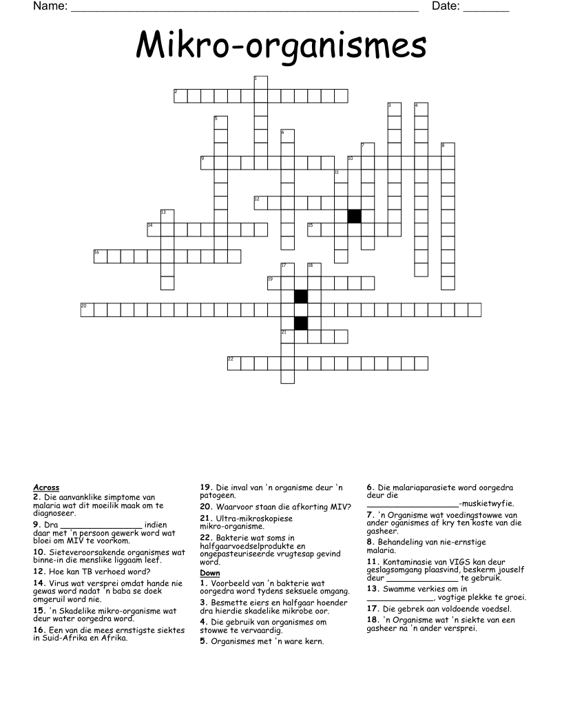 Mikro-organismes Crossword