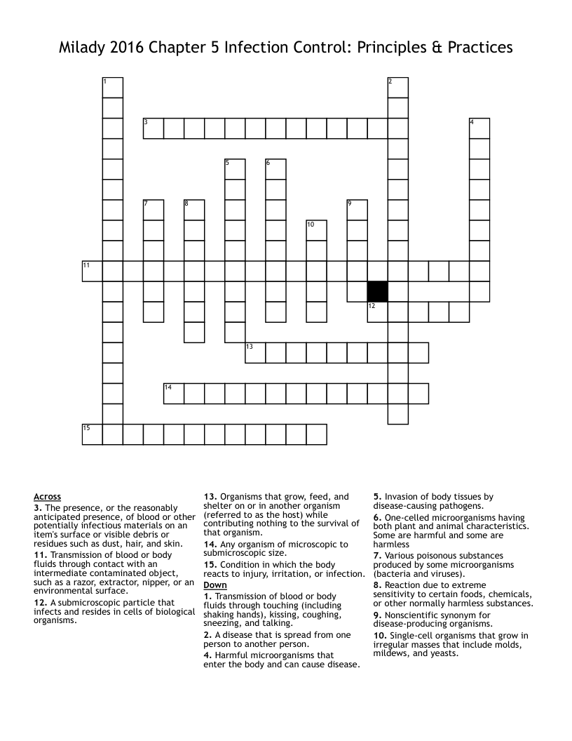 Milady 2016 Chapter 5 Infection Control: Principles & Practices Crossword